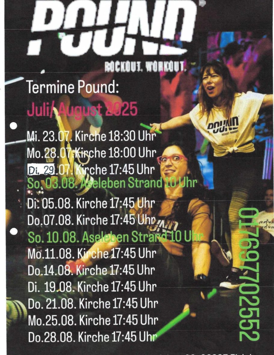 Termine für Pound-Kurse im Juli 2023 mit Uhrzeiten und Orten.